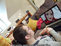 VIP4K. While man talks on a video call three ladies enjoy lesbian trio