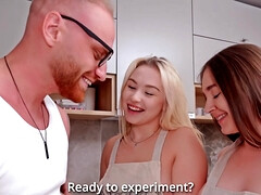 Best Kitchen Threesome With Lesbians. Balls Deep In Mouth And Pussy!
