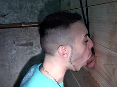 Fetish bottom of sneakers assfucked in sling after glory hole blowjob