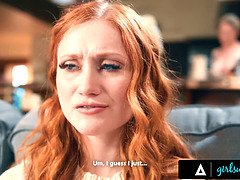 Dee Williams dominates petite redhead Scarlet Skies with rough face fuck & foot fetish
