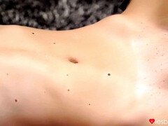 Slim-bodied lesbians in stockings licking on the floor