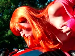 Pink motorcycle masturbation OUTDOOR