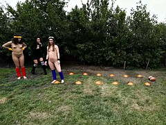 Slender teens playing around in the backyard for money