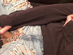 KinkyFrida in denim plays with her pierced and tatted beaver