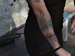 素人, デカチン, 黒人, 黒人, 異人種間, アウトドア, 公共, タトゥー