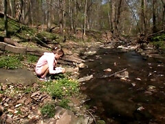 Gorgeous blonde slut in nature gets naughty and gets her nude body covered in cum