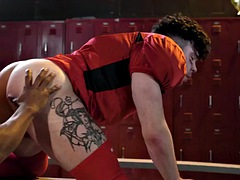 Sporty stud IR rimmed and fucked bareback in locker room