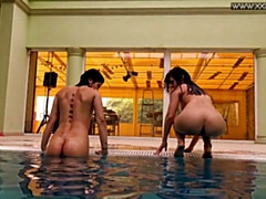 美女, デカパイ, レズビアン, プール, シャワー, ティーン, オッパイの, 水中