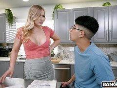 Daisy Diva is sucking her stepson's cock in the kitchen