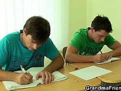 Blonde granny teacher takes double penetration