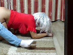 When step mom is on her knees, her ass bends well for anal sex and her son is comfortable