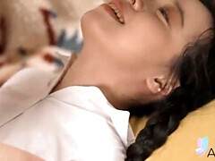 Asian teen Yuli in uniform gives boyfriend blowjob and handjob in uncensored HD video