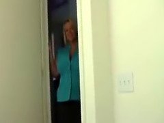 Blonde lady with big tits jerks off a cock