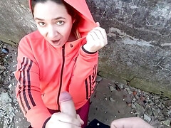 素人, ブロンド, フェラチオ, チン, 顔射, オーガズム, アウトドア, オッパイの