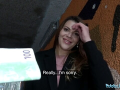 Russian babes in public agent's van get their tight shaved pussies drilled for cash