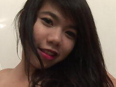 Asian girl testing a good white cock in the bathroom