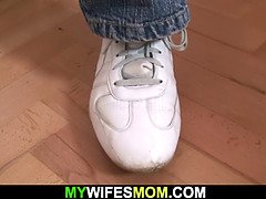 She finds him fucking her very old hairy cunt from behind