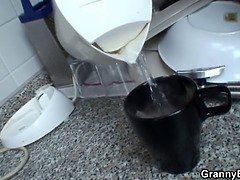 Busty blonde grandma sucks and rides his cock