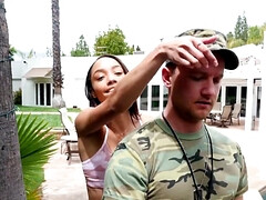 The soldier comes back and fucks the petite Alexis Tae