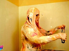 Fetish paint bathtub play with silicone filled blonde whore