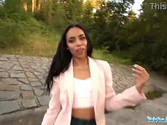 Violeta Grey gets pounded hard from behind in public and takes a cumshot on her big bubble butt