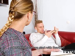 Nika Katana's shaved pussy gets destroyed by a hot MILF on red couch