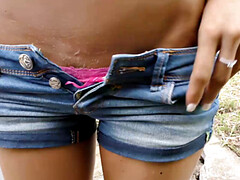 Brunette outdoors chick gets cumshot after hot sex with hunter