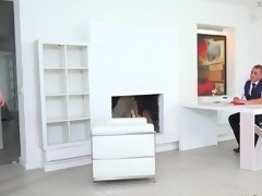 A skinny lady with glasses is getting her skirt lifted up here