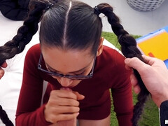 Lessons In Public Pickups for brunette nerd in glasses by monster cock stud Jordi El Nino Polla