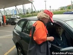 Blonde granny has threesome outdoors