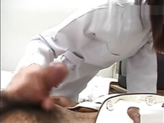 Sexy nurse Saki Budou gives a quick handjob to her male patient