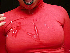 CFNM - Red turtleneck, Black lips - handjob + jizz throatful + Cum on clothes