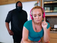 White chick gets banged by a black dude in robber mask